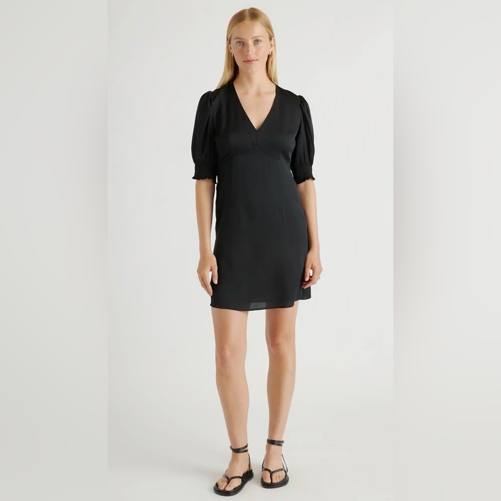 Quince Black %100 Silk Puff Sleeve Mini Dress With Stretch Size XL